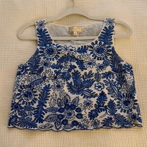 Anthropologie White and Blue Embroidered Crop Top